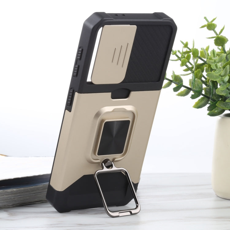 For Samsung Galaxy S21 5G Sliding Camera Cover Design PC + TPU Shockproof Case with Ring Holder & Card Slot