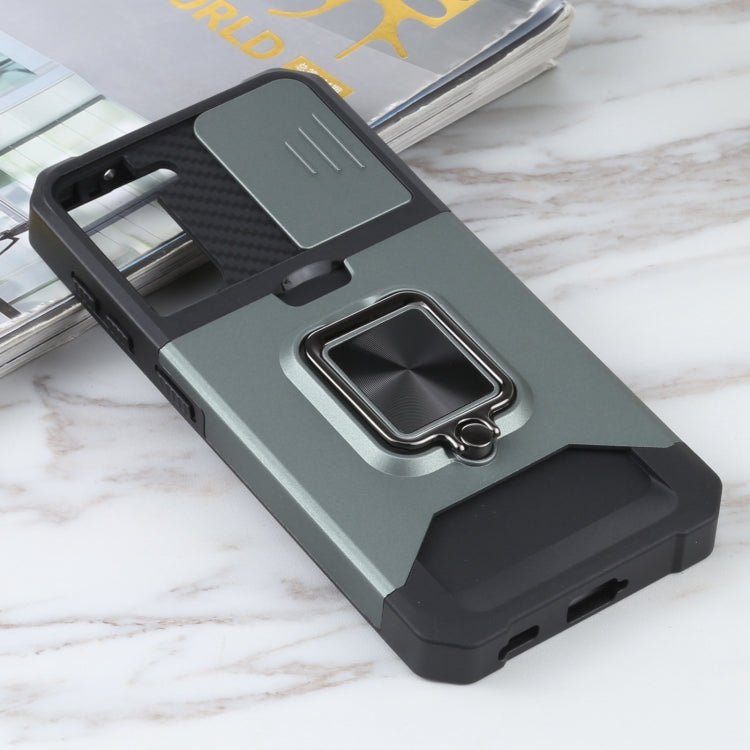 For Samsung Galaxy S21 5G Sliding Camera Cover Design PC + TPU Shockproof Case with Ring Holder & Card Slot