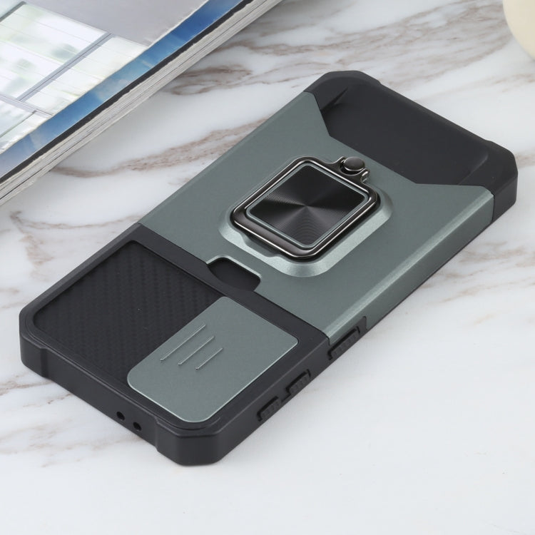 For Samsung Galaxy S21 5G Sliding Camera Cover Design PC + TPU Shockproof Case with Ring Holder & Card Slot