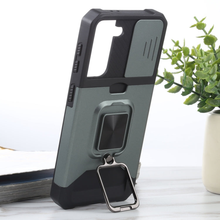For Samsung Galaxy S21 5G Sliding Camera Cover Design PC + TPU Shockproof Case with Ring Holder & Card Slot