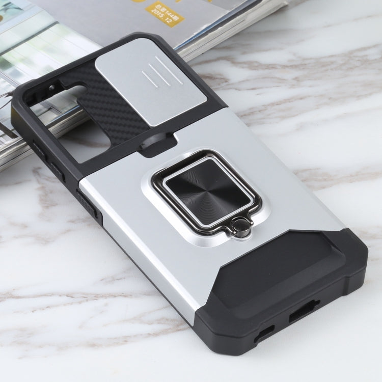 For Samsung Galaxy S21 5G Sliding Camera Cover Design PC + TPU Shockproof Case with Ring Holder & Card Slot