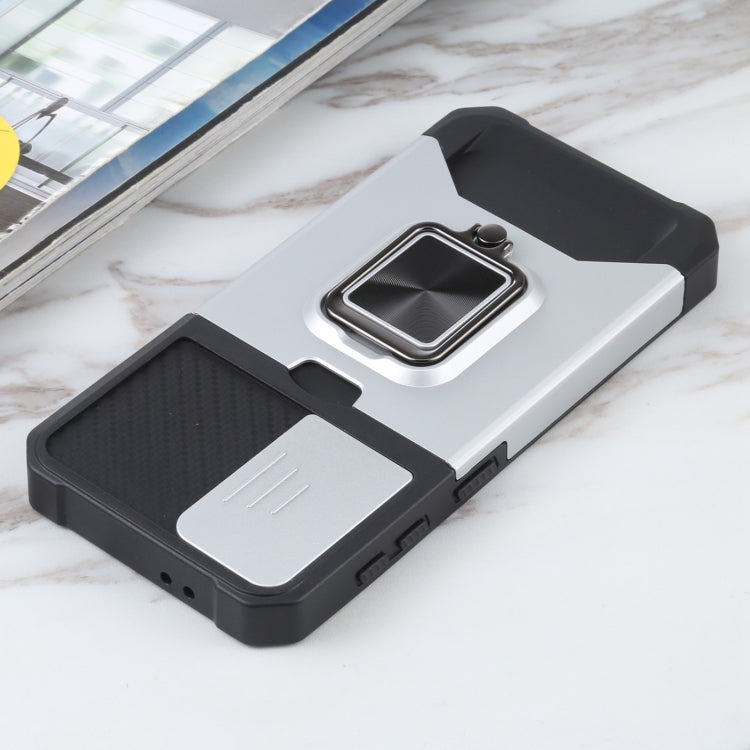 For Samsung Galaxy S21 5G Sliding Camera Cover Design PC + TPU Shockproof Case with Ring Holder & Card Slot