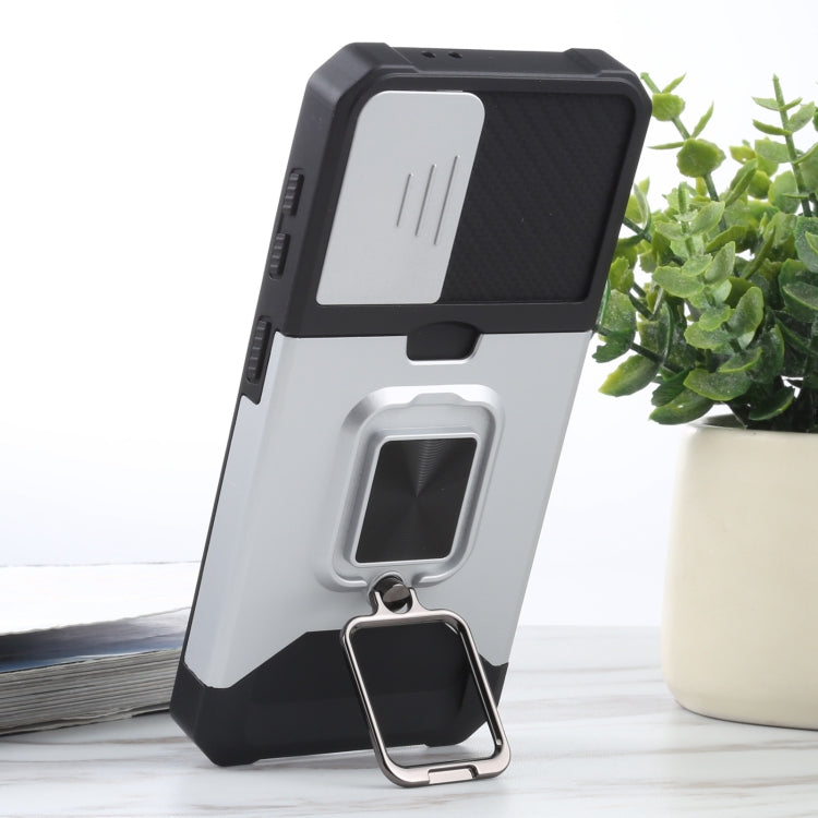 For Samsung Galaxy S21 5G Sliding Camera Cover Design PC + TPU Shockproof Case with Ring Holder & Card Slot
