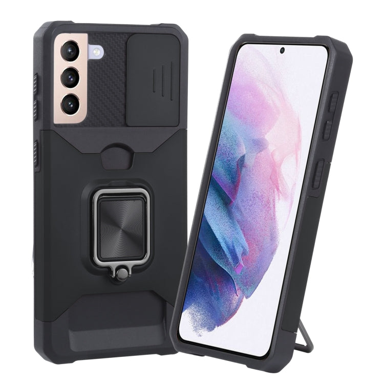 For Samsung Galaxy S21+ 5G Sliding Camera Cover Design PC + TPU Shockproof Case with Ring Holder & Card Slot