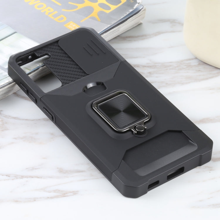 For Samsung Galaxy S21+ 5G Sliding Camera Cover Design PC + TPU Shockproof Case with Ring Holder & Card Slot