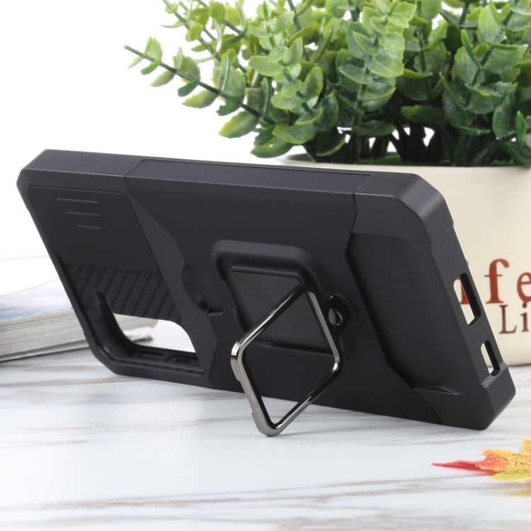 For Samsung Galaxy S21+ 5G Sliding Camera Cover Design PC + TPU Shockproof Case with Ring Holder & Card Slot