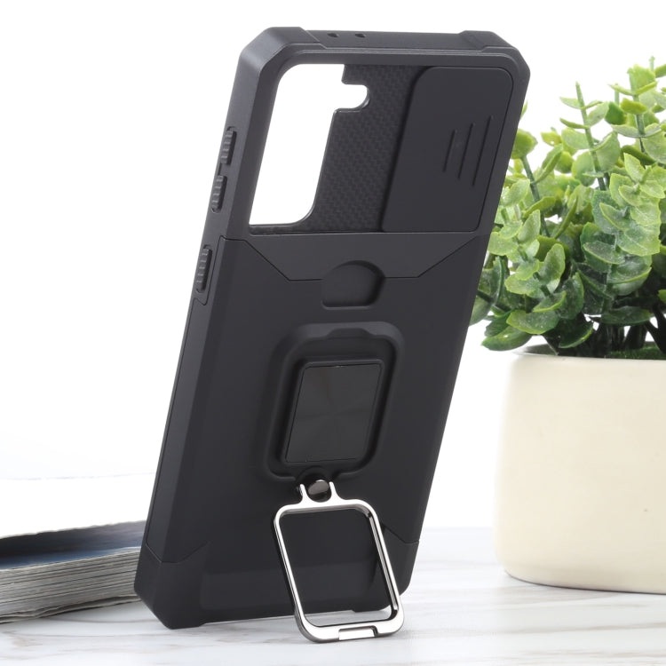 For Samsung Galaxy S21+ 5G Sliding Camera Cover Design PC + TPU Shockproof Case with Ring Holder & Card Slot