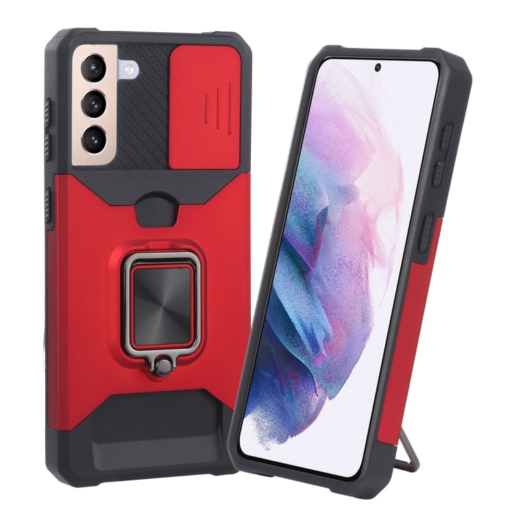 For Samsung Galaxy S21+ 5G Sliding Camera Cover Design PC + TPU Shockproof Case with Ring Holder & Card Slot