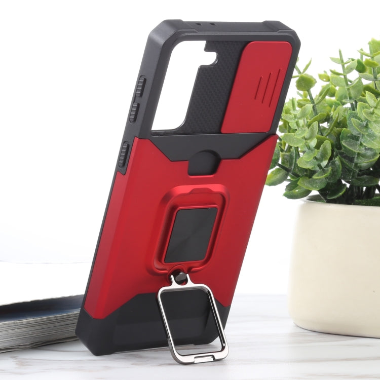 For Samsung Galaxy S21+ 5G Sliding Camera Cover Design PC + TPU Shockproof Case with Ring Holder & Card Slot