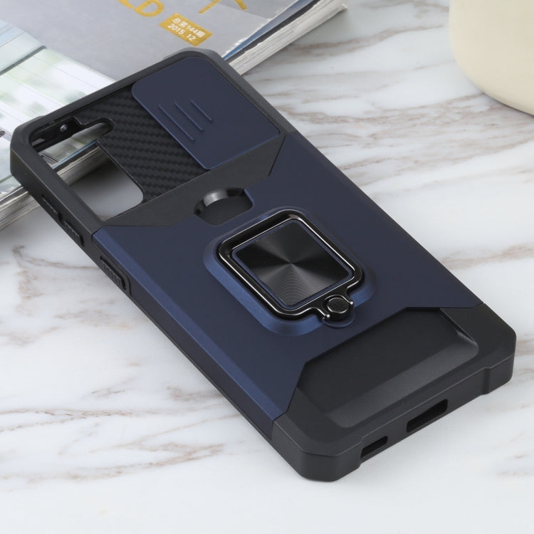 For Samsung Galaxy S21+ 5G Sliding Camera Cover Design PC + TPU Shockproof Case with Ring Holder & Card Slot