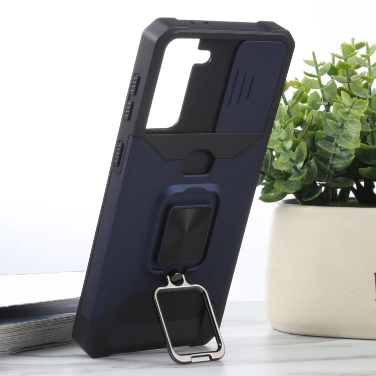 For Samsung Galaxy S21+ 5G Sliding Camera Cover Design PC + TPU Shockproof Case with Ring Holder & Card Slot