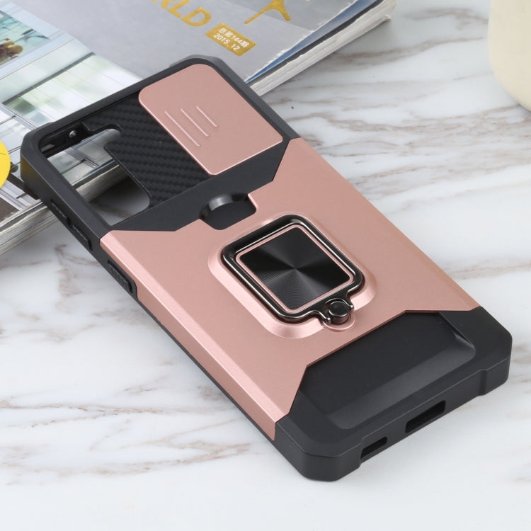 For Samsung Galaxy S21+ 5G Sliding Camera Cover Design PC + TPU Shockproof Case with Ring Holder & Card Slot