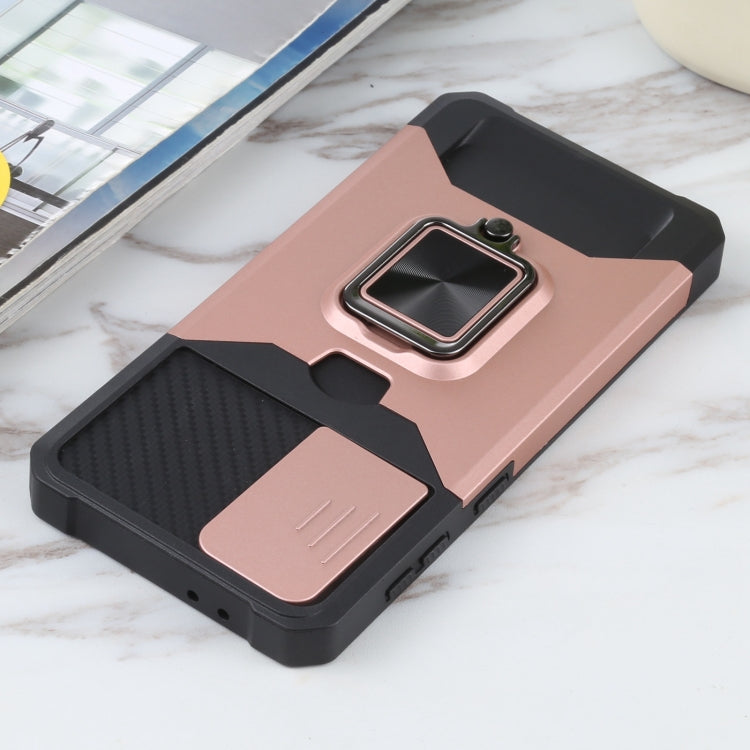 For Samsung Galaxy S21+ 5G Sliding Camera Cover Design PC + TPU Shockproof Case with Ring Holder & Card Slot