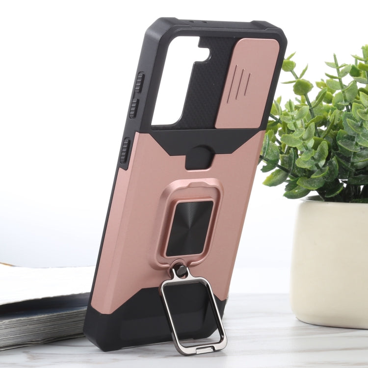 For Samsung Galaxy S21+ 5G Sliding Camera Cover Design PC + TPU Shockproof Case with Ring Holder & Card Slot