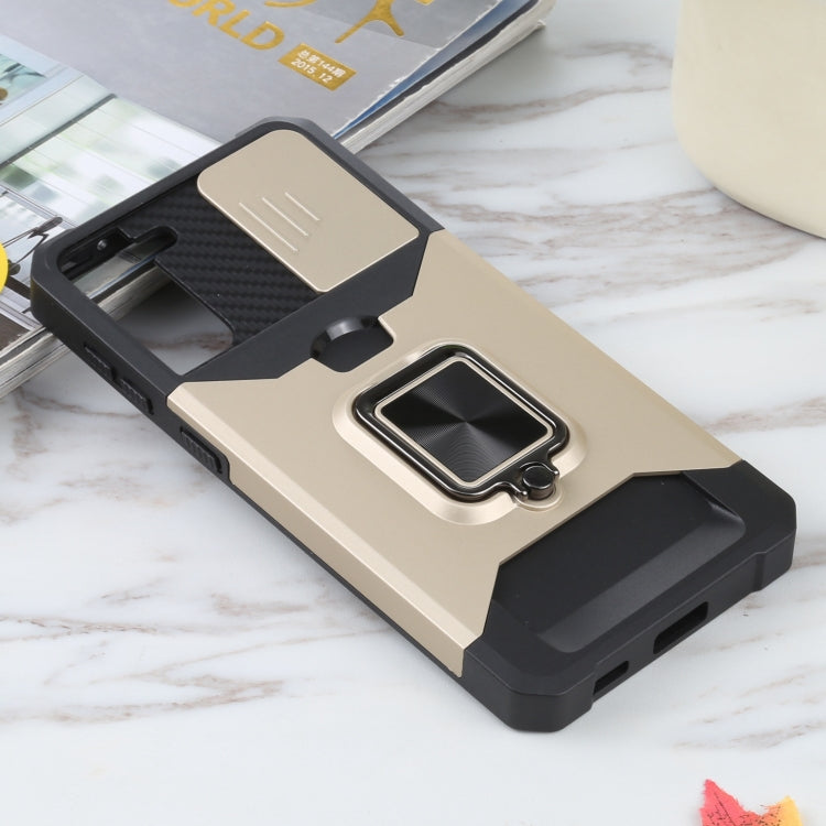 For Samsung Galaxy S21+ 5G Sliding Camera Cover Design PC + TPU Shockproof Case with Ring Holder & Card Slot
