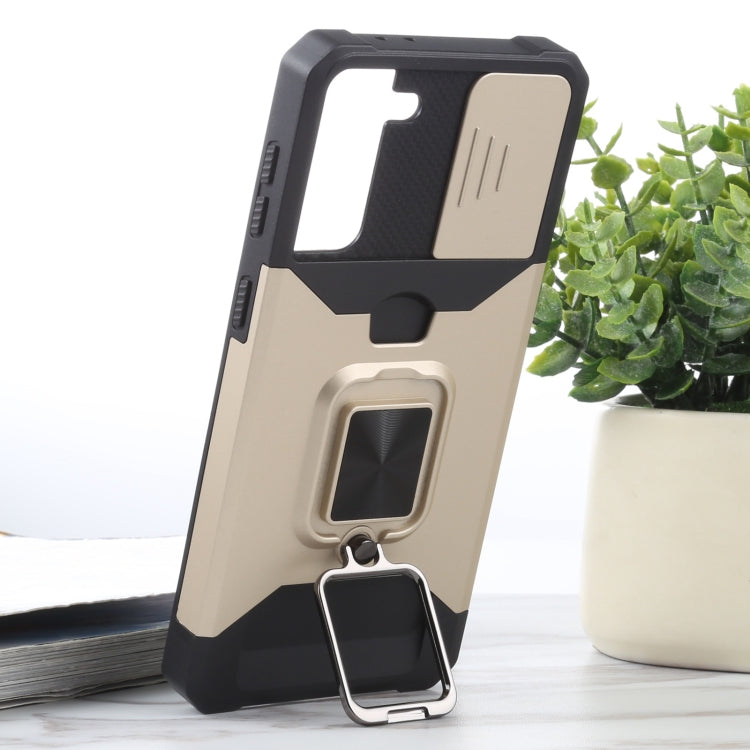 For Samsung Galaxy S21+ 5G Sliding Camera Cover Design PC + TPU Shockproof Case with Ring Holder & Card Slot