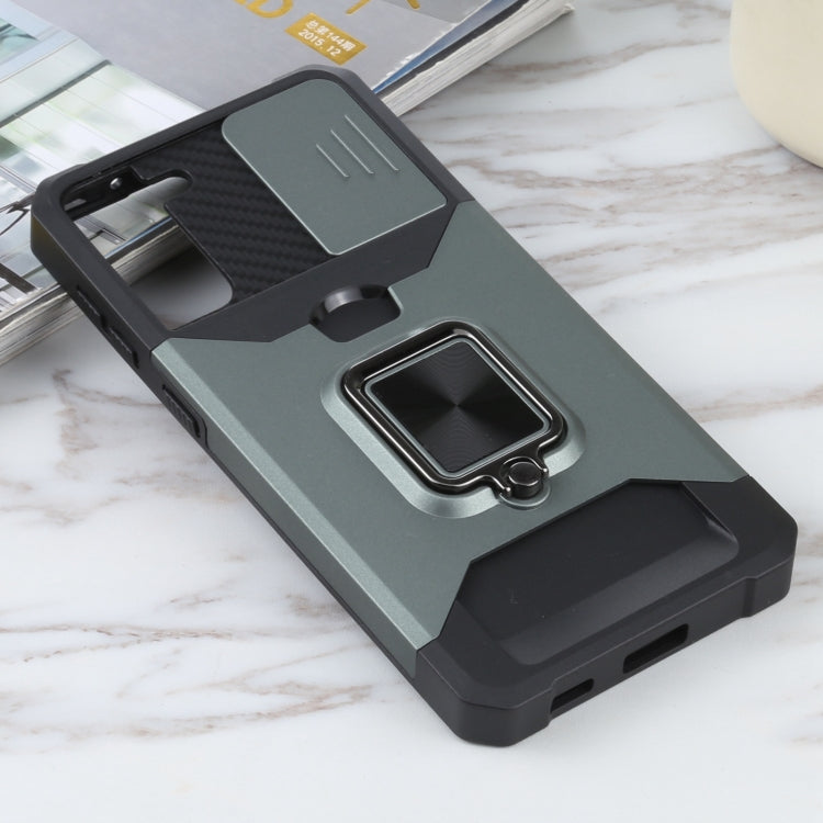 For Samsung Galaxy S21+ 5G Sliding Camera Cover Design PC + TPU Shockproof Case with Ring Holder & Card Slot