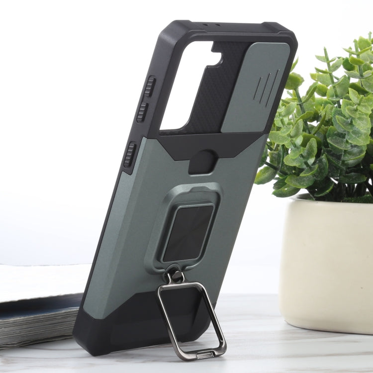 For Samsung Galaxy S21+ 5G Sliding Camera Cover Design PC + TPU Shockproof Case with Ring Holder & Card Slot