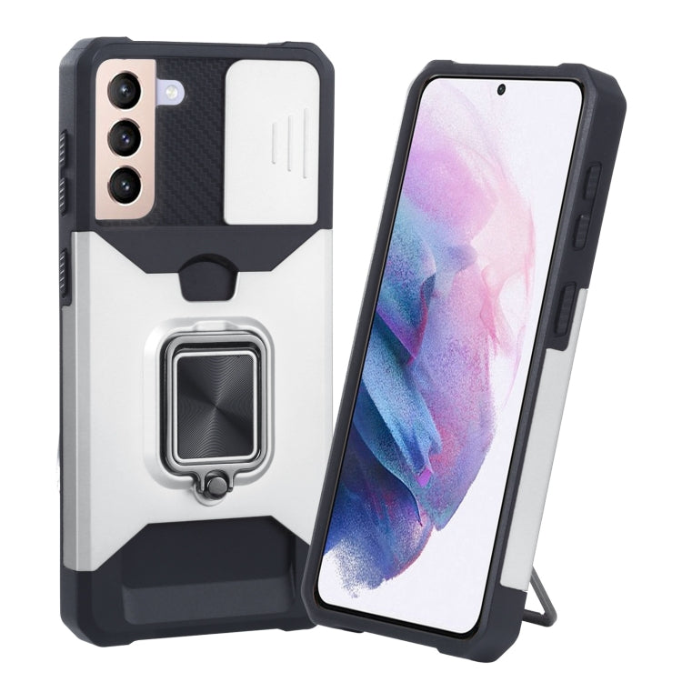 For Samsung Galaxy S21+ 5G Sliding Camera Cover Design PC + TPU Shockproof Case with Ring Holder & Card Slot