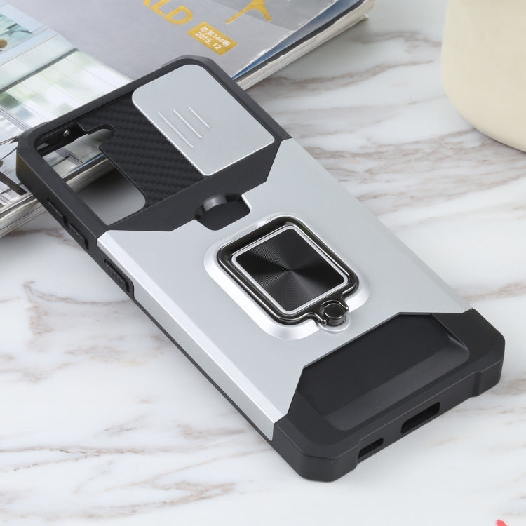 For Samsung Galaxy S21+ 5G Sliding Camera Cover Design PC + TPU Shockproof Case with Ring Holder & Card Slot