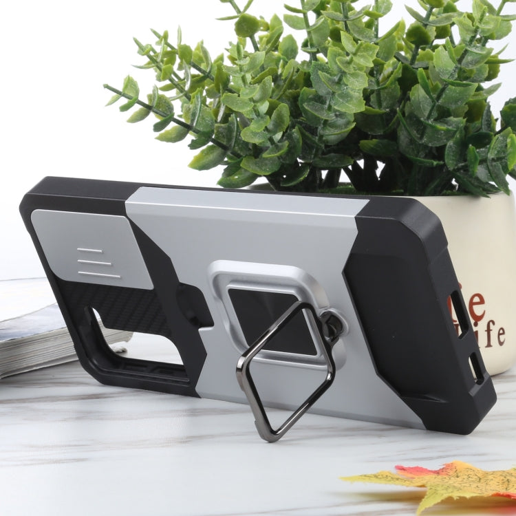 For Samsung Galaxy S21+ 5G Sliding Camera Cover Design PC + TPU Shockproof Case with Ring Holder & Card Slot