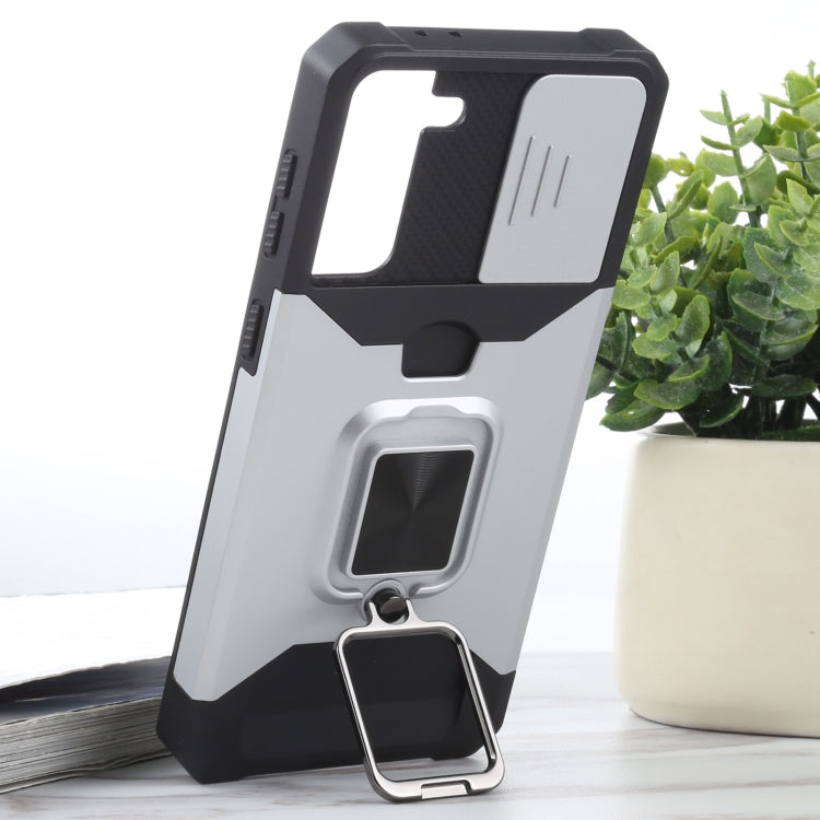 For Samsung Galaxy S21+ 5G Sliding Camera Cover Design PC + TPU Shockproof Case with Ring Holder & Card Slot