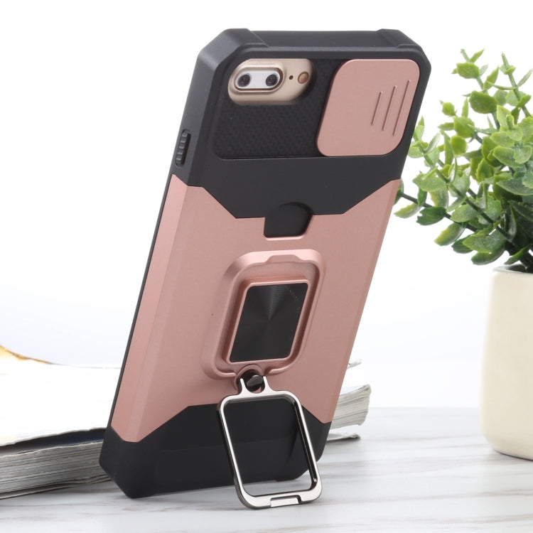 Sliding Camera Cover Design PC + TPU Shockproof Case with Ring Holder & Card Slot For iPhone 8 Plus / 7 Plus / 6s Plus / 6 Plus