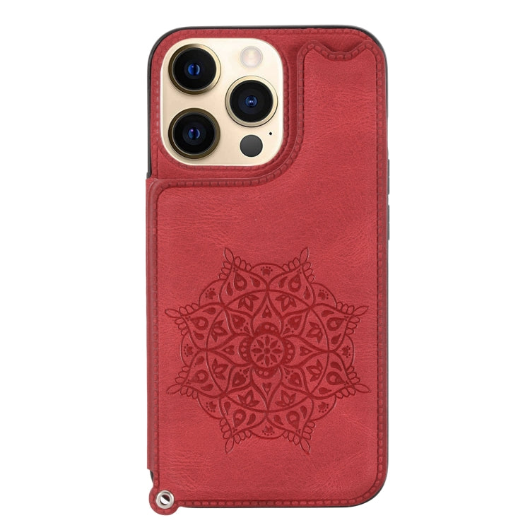 For iPhone 13 mini Mandala Embossed PU + TPU Case with Holder & Card Slots & Photo Frame & Hand Strap