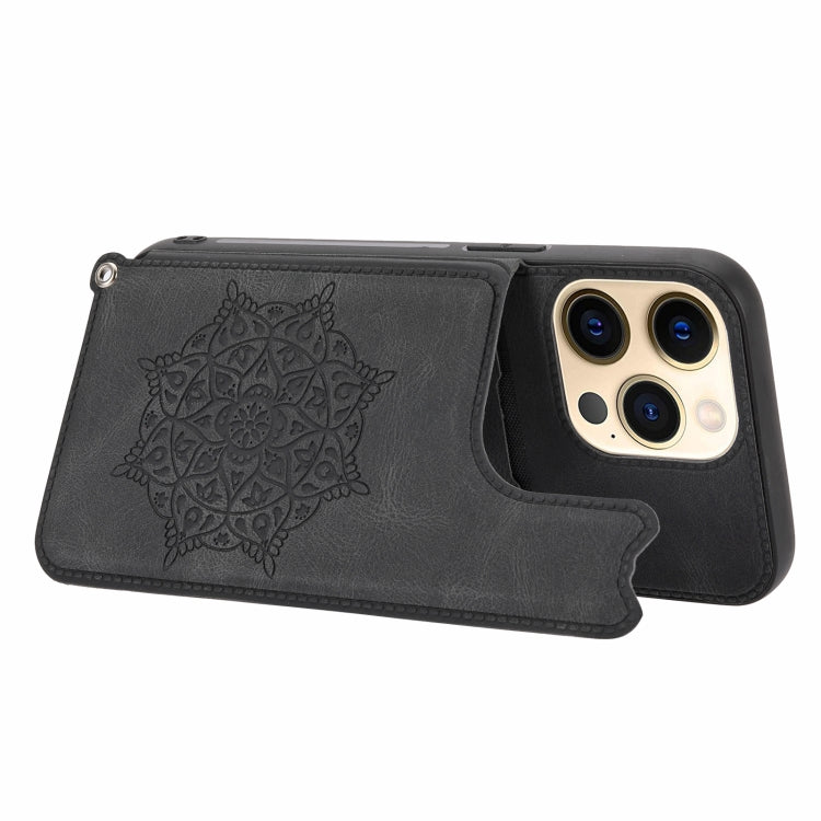 For iPhone 13 mini Mandala Embossed PU + TPU Case with Holder & Card Slots & Photo Frame & Hand Strap
