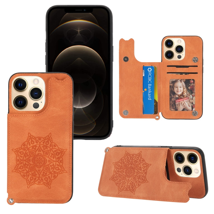 For iPhone 13 mini Mandala Embossed PU + TPU Case with Holder & Card Slots & Photo Frame & Hand Strap