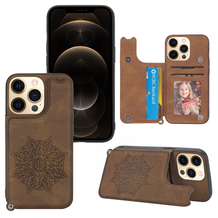 For iPhone 13 mini Mandala Embossed PU + TPU Case with Holder & Card Slots & Photo Frame & Hand Strap