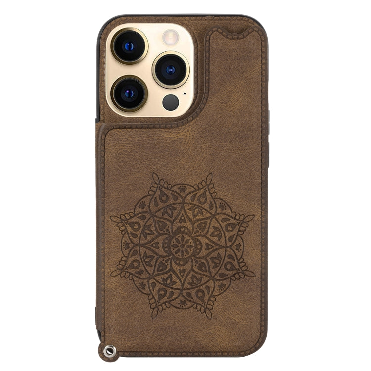 For iPhone 13 mini Mandala Embossed PU + TPU Case with Holder & Card Slots & Photo Frame & Hand Strap