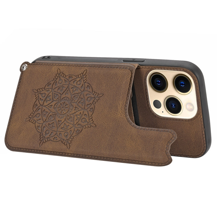 For iPhone 13 mini Mandala Embossed PU + TPU Case with Holder & Card Slots & Photo Frame & Hand Strap