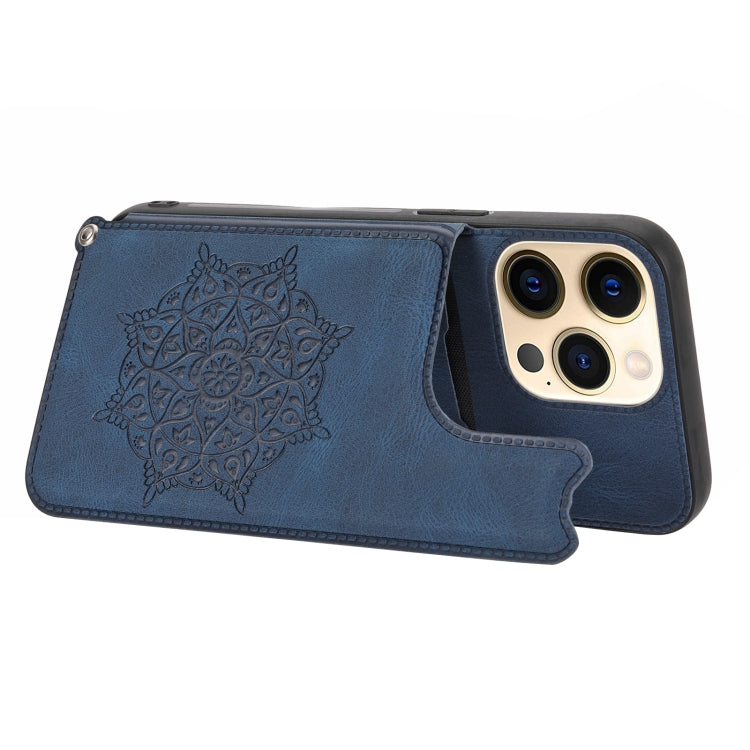 For iPhone 13 mini Mandala Embossed PU + TPU Case with Holder & Card Slots & Photo Frame & Hand Strap