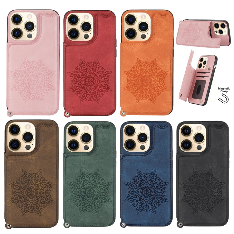 For iPhone 13 mini Mandala Embossed PU + TPU Case with Holder & Card Slots & Photo Frame & Hand Strap