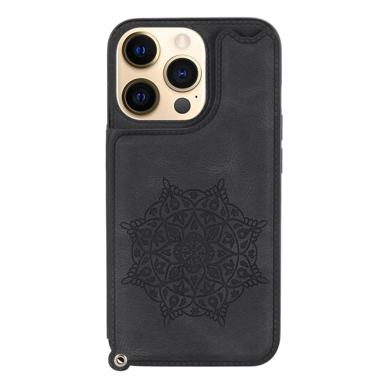 For iPhone 13 Mandala Embossed PU + TPU Case with Holder & Card Slots & Photo Frame & Hand Strap