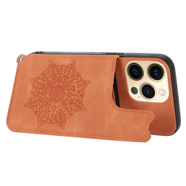 For iPhone 13 Mandala Embossed PU + TPU Case with Holder & Card Slots & Photo Frame & Hand Strap