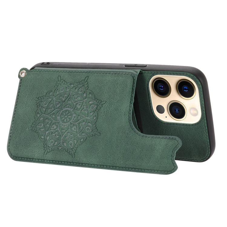 For iPhone 13 Mandala Embossed PU + TPU Case with Holder & Card Slots & Photo Frame & Hand Strap