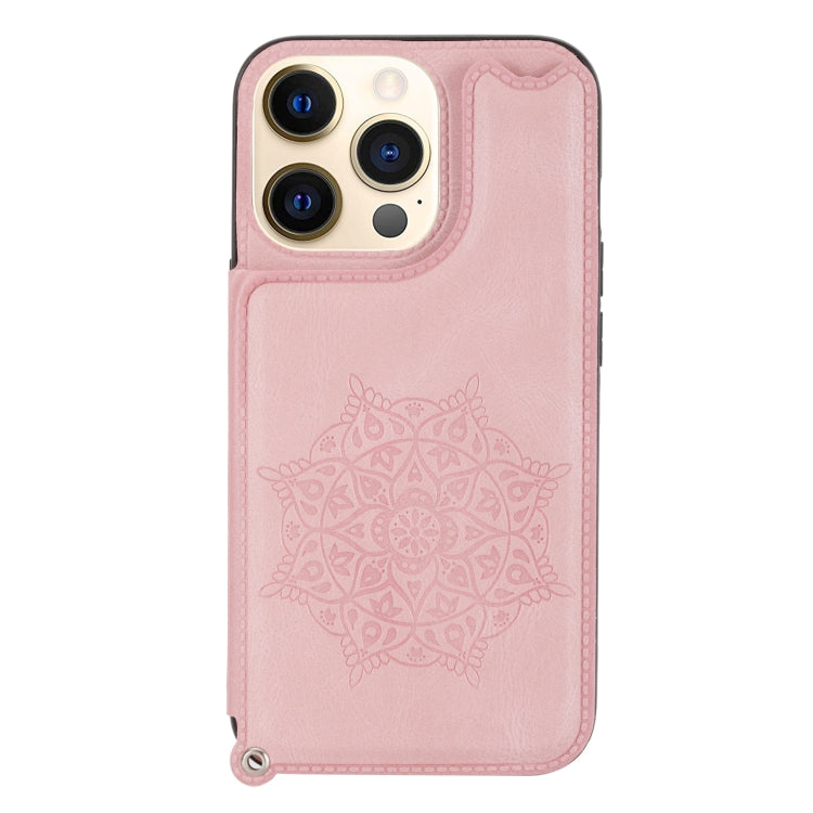 For iPhone 13 Pro Mandala Embossed PU + TPU Case with Holder & Card Slots & Photo Frame & Hand Strap