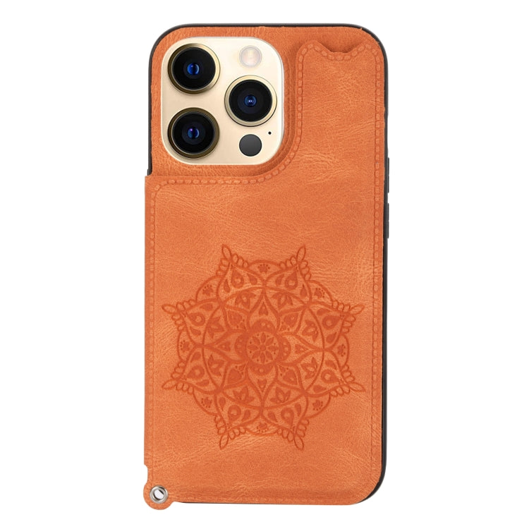 For iPhone 13 Pro Mandala Embossed PU + TPU Case with Holder & Card Slots & Photo Frame & Hand Strap