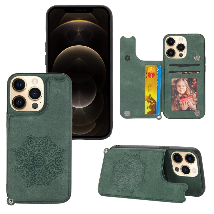 For iPhone 13 Pro Mandala Embossed PU + TPU Case with Holder & Card Slots & Photo Frame & Hand Strap