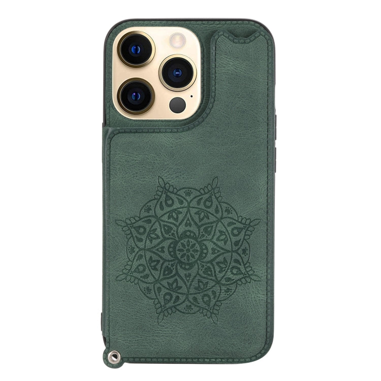 For iPhone 13 Pro Mandala Embossed PU + TPU Case with Holder & Card Slots & Photo Frame & Hand Strap