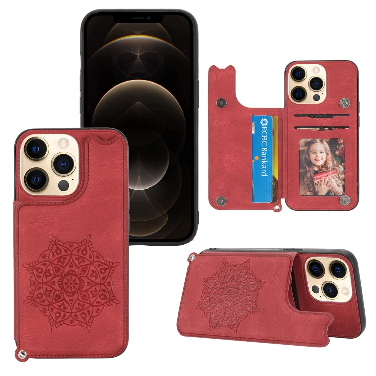 For iPhone 13 Pro Max Mandala Embossed PU + TPU Case with Holder & Card Slots & Photo Frame & Hand Strap