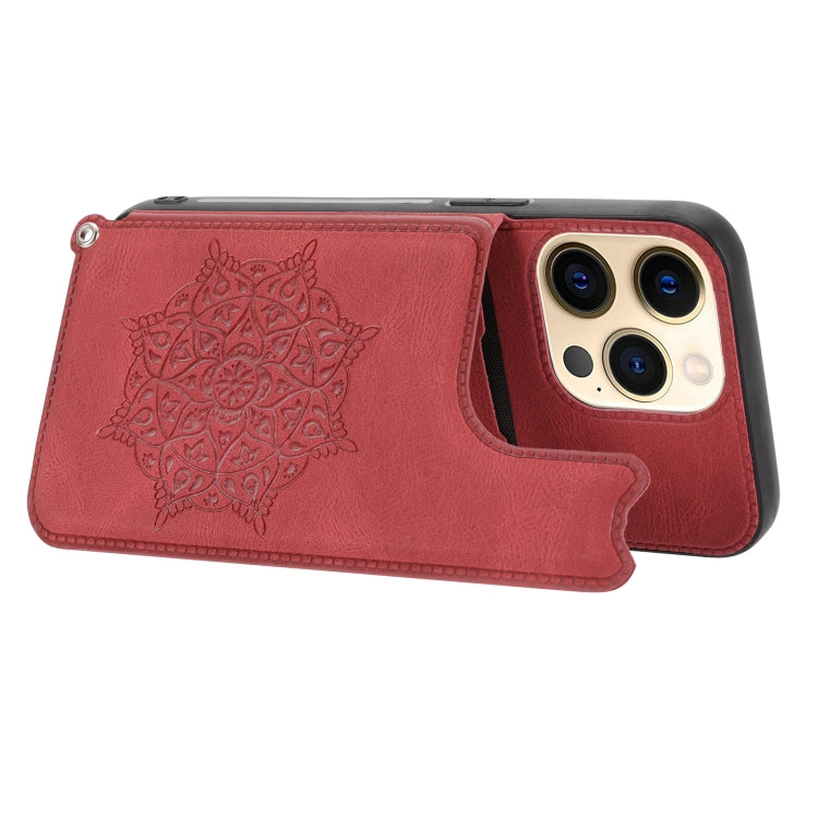 For iPhone 13 Pro Max Mandala Embossed PU + TPU Case with Holder & Card Slots & Photo Frame & Hand Strap