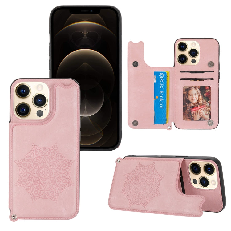 For iPhone 13 Pro Max Mandala Embossed PU + TPU Case with Holder & Card Slots & Photo Frame & Hand Strap