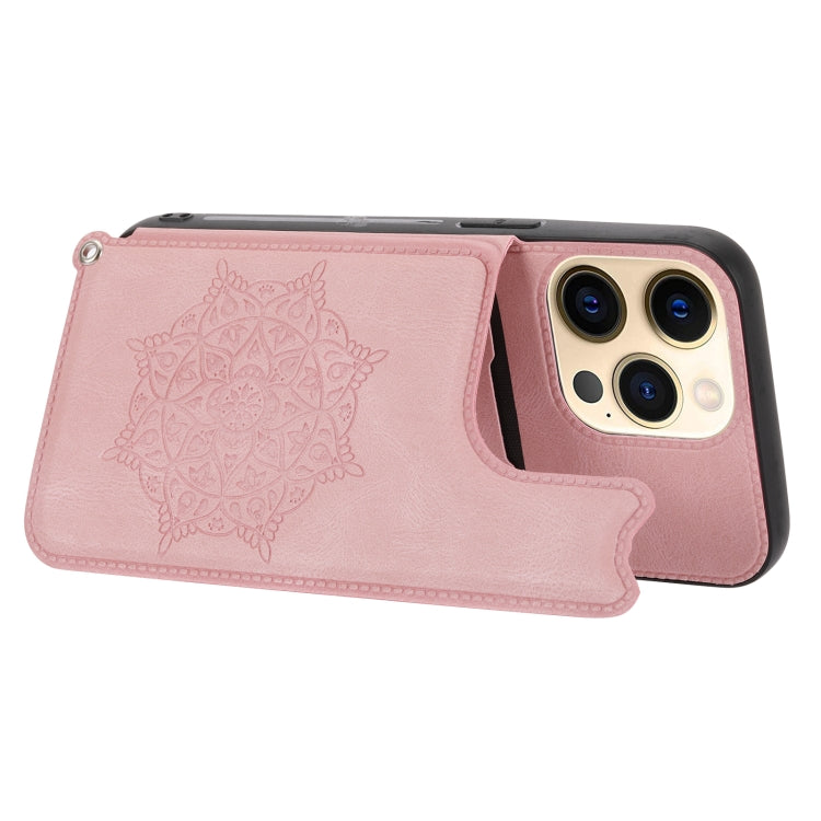For iPhone 13 Pro Max Mandala Embossed PU + TPU Case with Holder & Card Slots & Photo Frame & Hand Strap