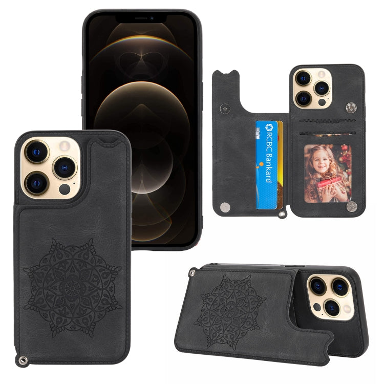 For iPhone 13 Pro Max Mandala Embossed PU + TPU Case with Holder & Card Slots & Photo Frame & Hand Strap
