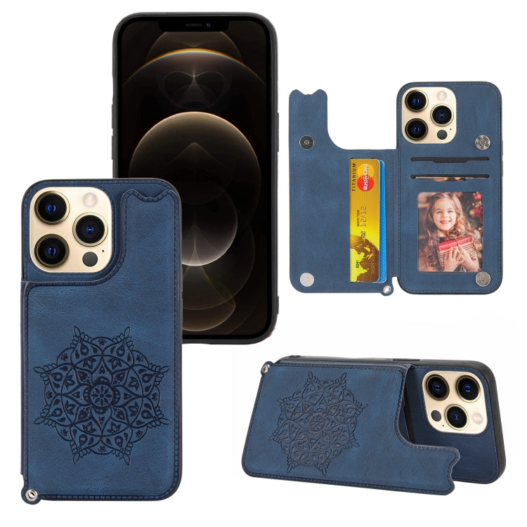 For iPhone 13 Pro Max Mandala Embossed PU + TPU Case with Holder & Card Slots & Photo Frame & Hand Strap