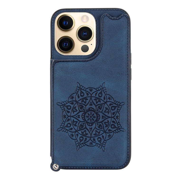 For iPhone 13 Pro Max Mandala Embossed PU + TPU Case with Holder & Card Slots & Photo Frame & Hand Strap