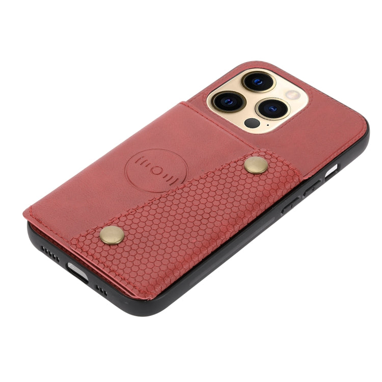 For iPhone 13 Double Buckle PU + TPU Shockproof Magnetic Protective Case with Card Slot & Holder